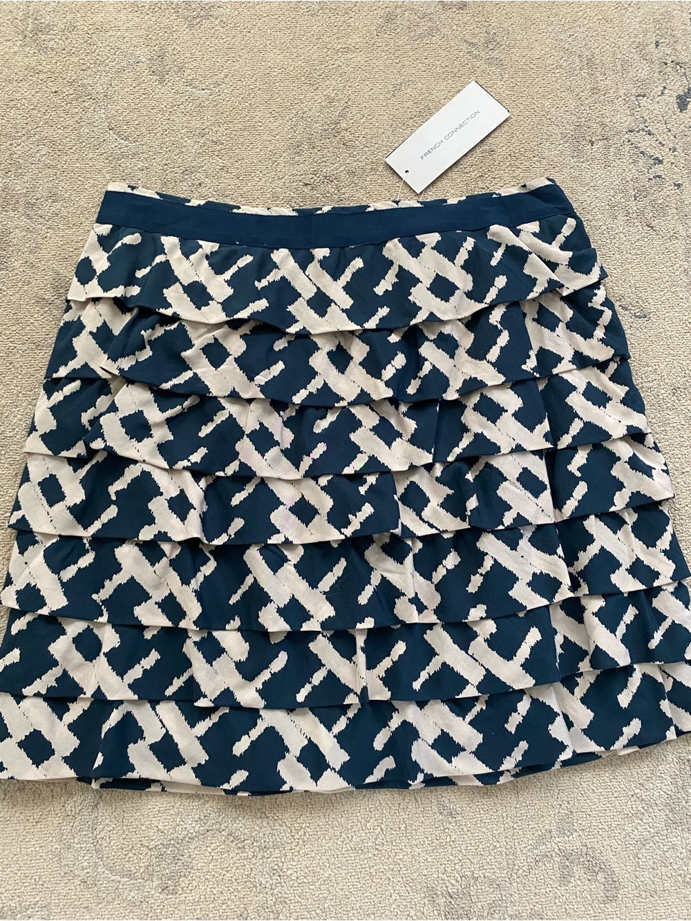 French Connection Silk Cotton Layered Ruffle Mini Skirt Navy Beige Size 6